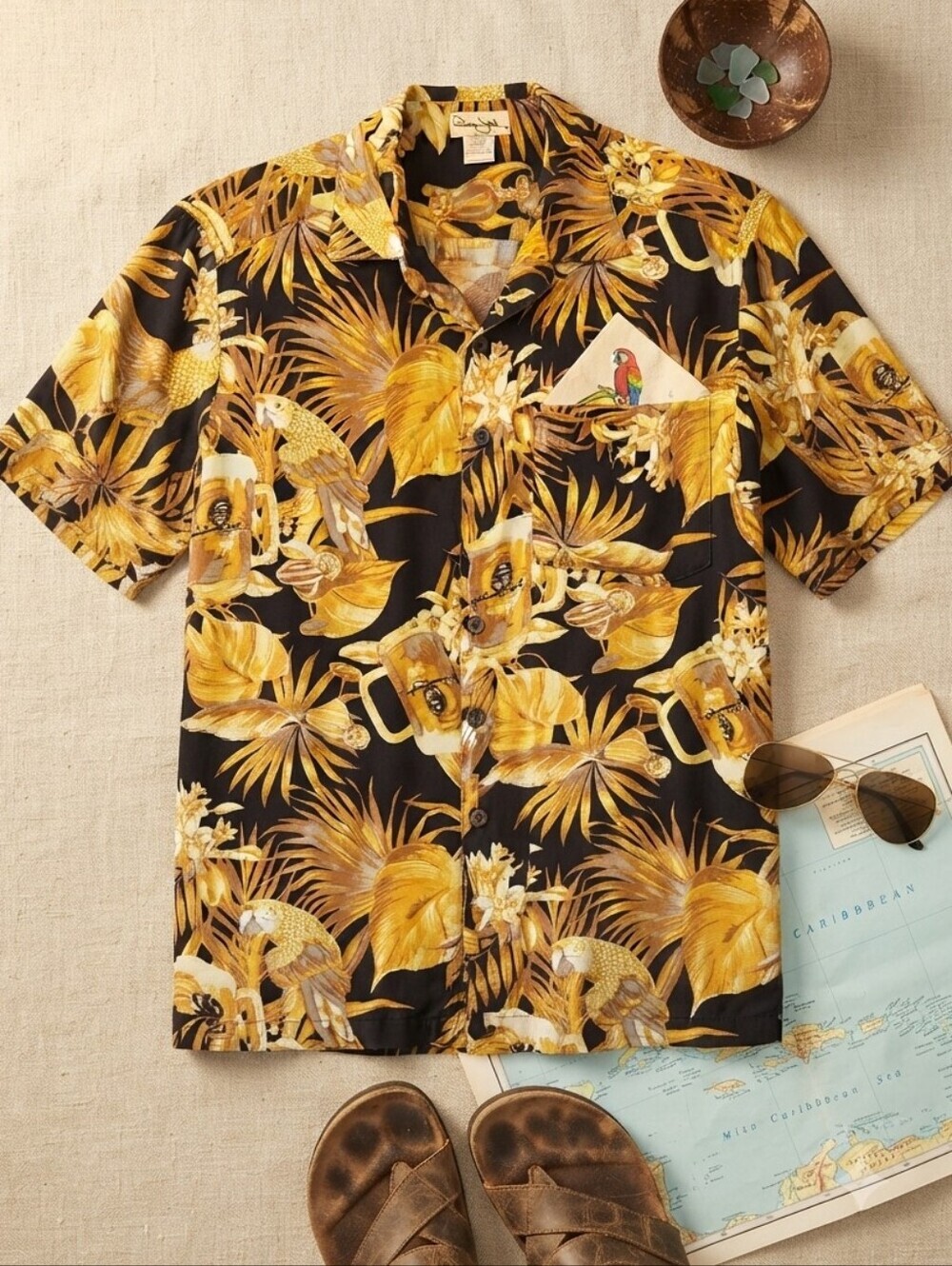 Panama Jack Parrot Beer Mug Hawaiian Print Button-Up Short Sleeve Shirt